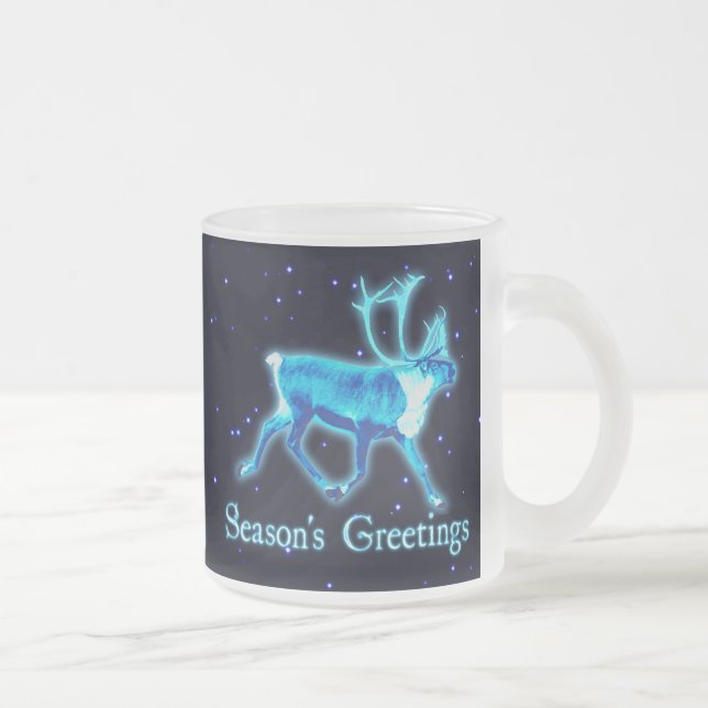 Season's Greetings - Blue Caribou (Reindeer) Frosted Glass Coffee Mug (Right)