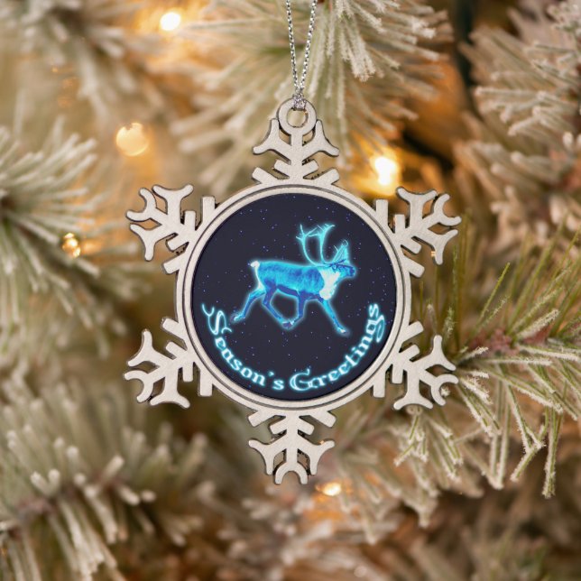 Season's Greetings - Blue Caribou (Reindeer) Snowflake Pewter Christmas Ornament (Tree)