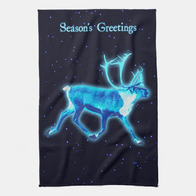 Season's Greetings - Blue Caribou (Reindeer) Tea Towel (Vertical)