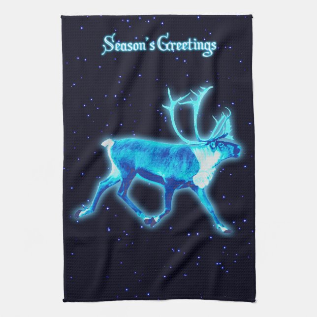 Season's Greetings - Blue Caribou (Reindeer) Tea Towel (Vertical)
