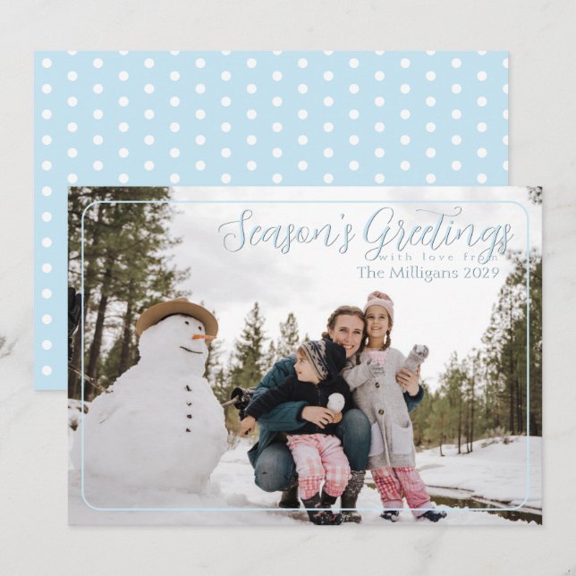Season's Greetings Blue Frame with Photo Holiday Card (Front/Back)