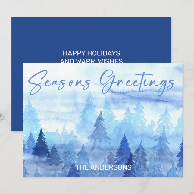 Seasons Greetings Blue Watercolor Pine Trees  Holiday Card (Front/Back)