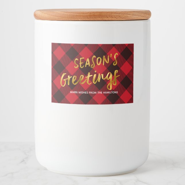 Season's Greetings Buffalo Red Plaid and Gold Foil Food Label (Front)
