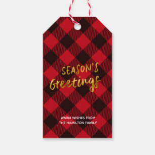 Season's Greetings Buffalo Red Plaid and Gold Foil Gift Tags