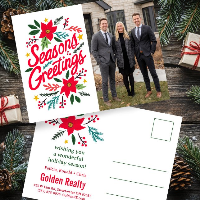 SEASONS GREETINGS Business Christmas CUSTOM PHOTO Postcard (SEASONS GREETINGS Business Christmas Hand-drawn Floral CUSTOM PHOTO Postcard
)