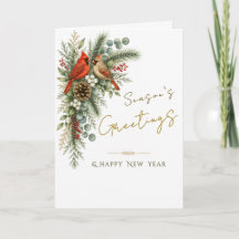 Season's Greetings Cardinal Pair Winter Botanical