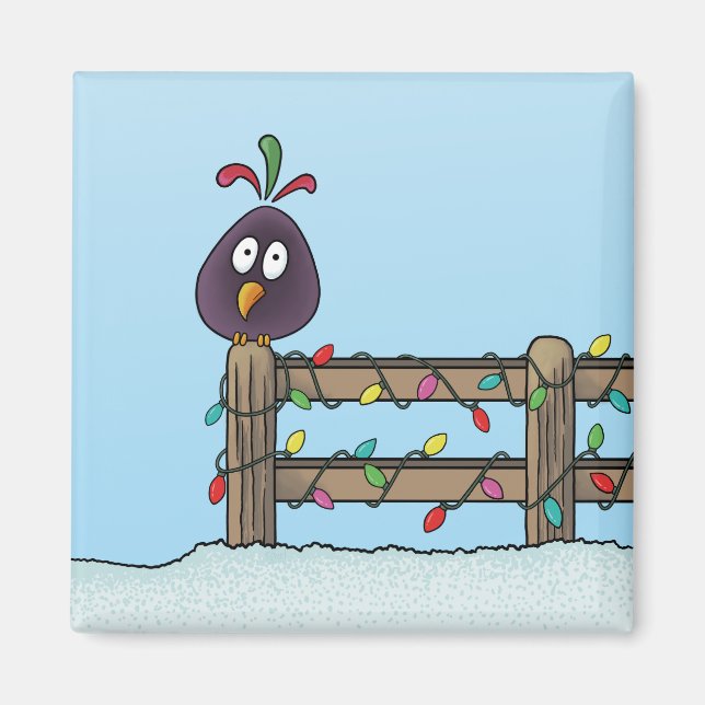 Seasons Greetings Cartoon Bird on Fence Magnet (Front)