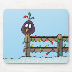 Seasons Greetings Cartoon Bird on Fence Mouse Mat
