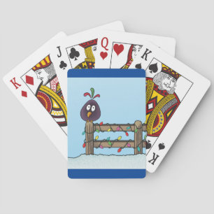 Seasons Greetings Cartoon Bird on Fence Playing Cards