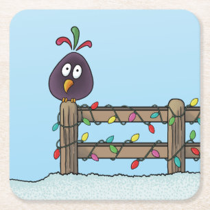 Seasons Greetings Cartoon Bird on Fence Square Paper Coaster