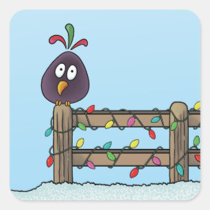 Seasons Greetings Cartoon Bird on Fence Square Sticker