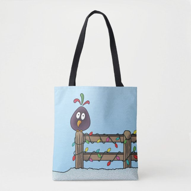 Seasons Greetings Cartoon Bird on Fence Tote Bag (Front)