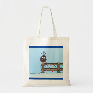 Seasons Greetings Cartoon Bird on Fence Tote Bag
