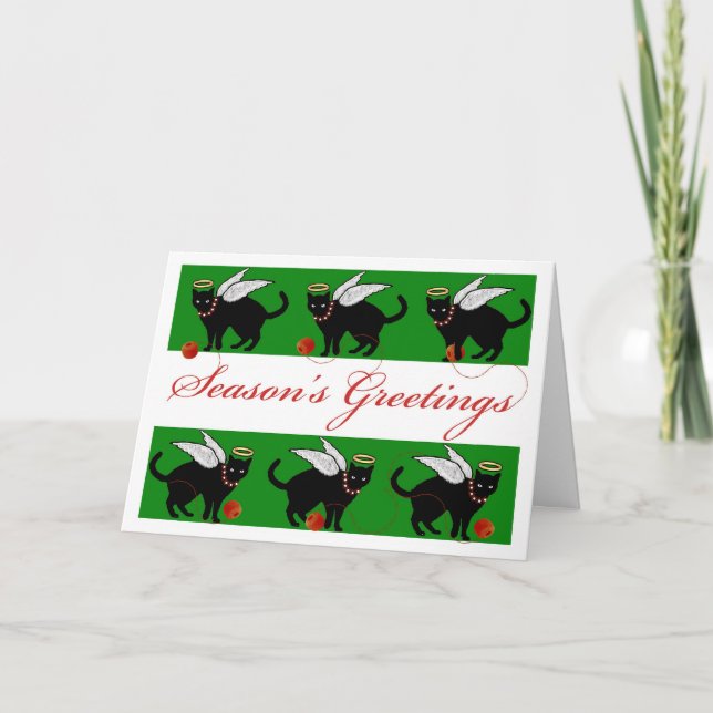 Season's Greetings Cat Angel Unwinding Yarn Holiday Card (Front)