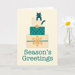 Season's Greetings Cat Gift Pile Holiday Card