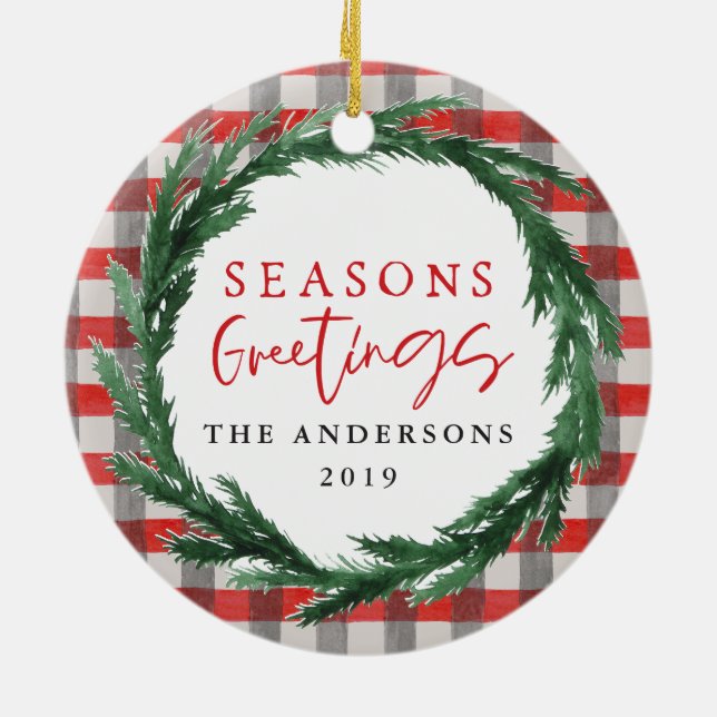 Seasons greetings check + wreath Christmas photo Ceramic Tree Decoration (Back)