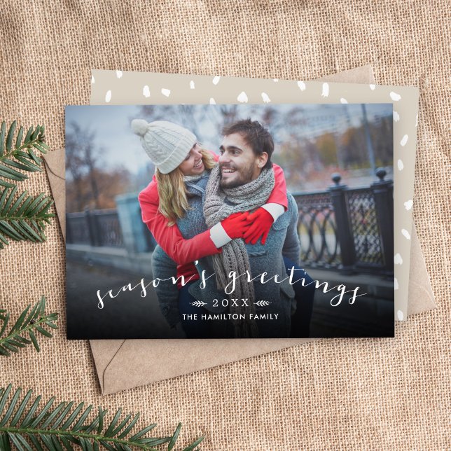 Season's Greetings Chic Script Overlay Photo Holiday Card (Creator Uploaded)
