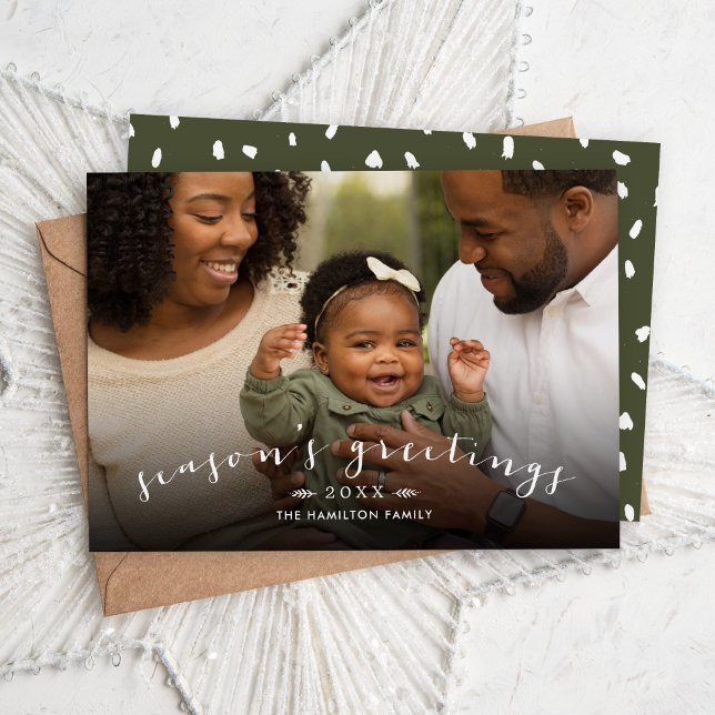 Season's Greetings Chic Script Overlay Photo Holiday Card (Creator Uploaded)