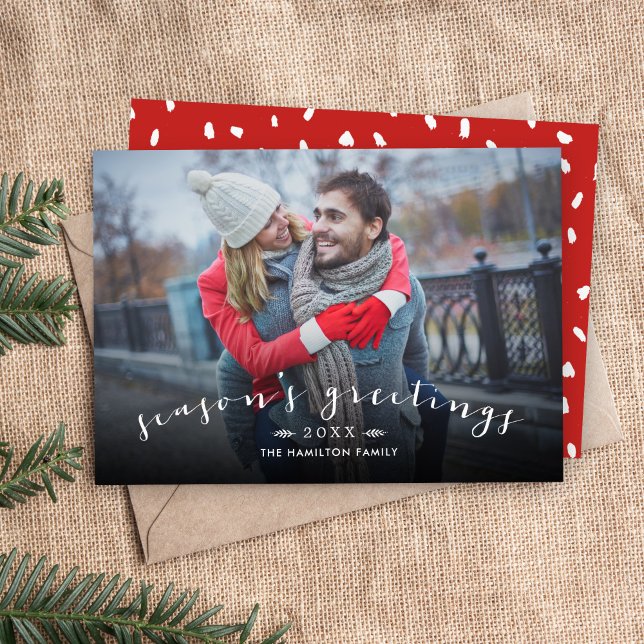 Season's Greetings Chic Script Overlay Photo Holiday Card (Creator Uploaded)