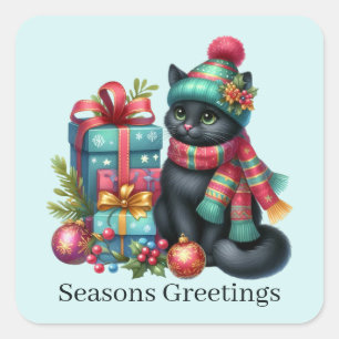 Seasons greetings Christmas cat add text Square Sticker