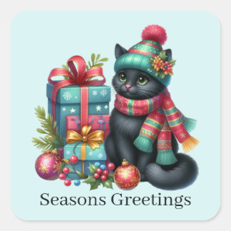 Seasons greetings Christmas cat add text Square Sticker
