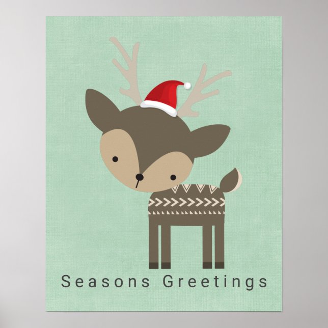 Seasons Greetings Christmas Deer In Red Santa hat Poster (Front)