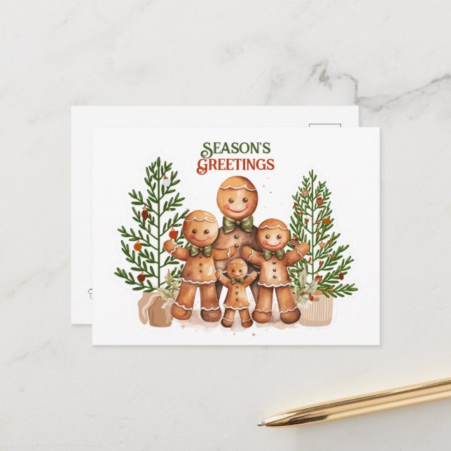 Season's Greetings Christmas Gingerbread Family Postcard (Front/Back In Situ)