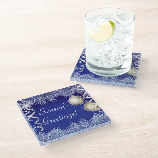 Season's Greetings Christmas Glitter Christmas Glass Coaster (Angled)