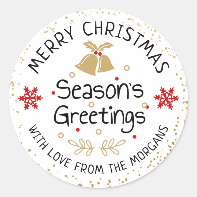 Season's Greetings Christmas Gold Glitter Holiday Classic Round Sticker (Front)