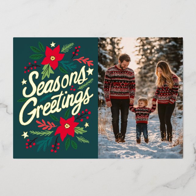 SEASONS GREETINGS Christmas Holidays CUSTOM PHOTO Foil Holiday Card (Front)