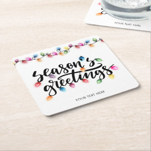 Seasons Greetings Christmas Lights Colourful Square Paper Coaster