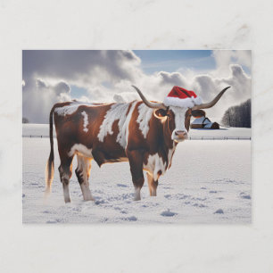 Season's Greetings Christmas Longhorn Cow Holiday Postcard
