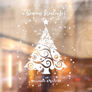 Seasons Greetings Christmas Tree with Stars Snows Window Cling