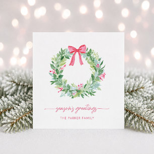 Seasons Greetings Christmas Wreath and Red Bow Holiday Card