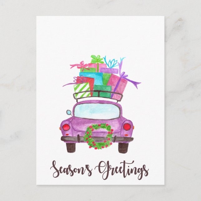 Season's Greetings Classic Car Watercolor Postcard (Front)
