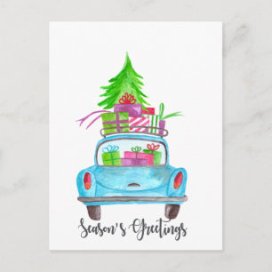Season's Greetings Classic Car Watercolor Postcard