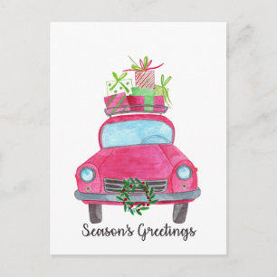 Season's Greetings Classic Car Watercolor Postcard