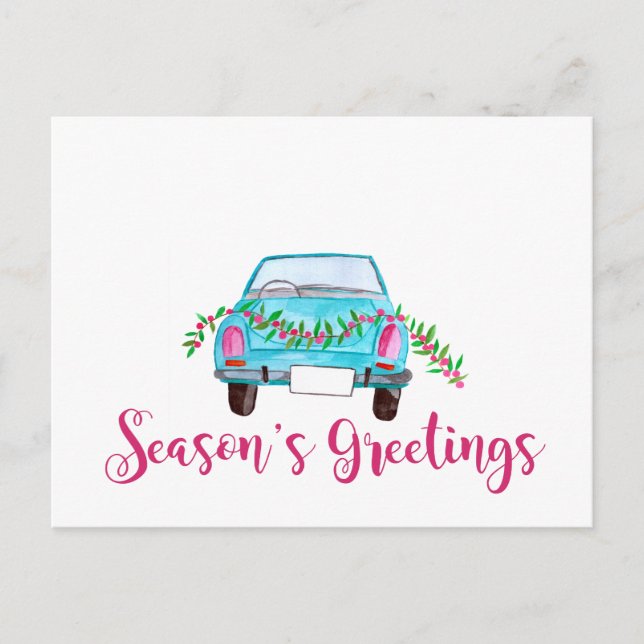 Season's Greetings Classic Car Watercolor Postcard (Front)
