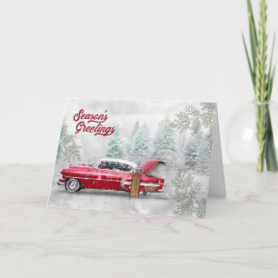 Season's Greetings Classic Car Watercolor Sketch Holiday Card