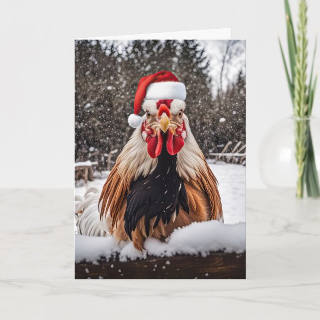 Seasons Greetings Country Rooster Chicken in Santa Card (Front)