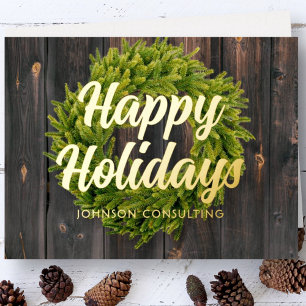 Season's Greetings Country Rustic Pine Wreath Wood Foil Holiday Card