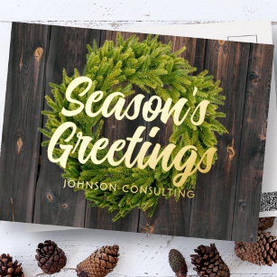 Season's Greetings Country Rustic Pine Wreath Wood Foil Holiday Postcard