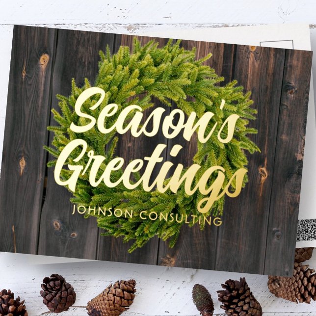 Season's Greetings Country Rustic Pine Wreath Wood Foil Holiday Postcard (Creator Uploaded)