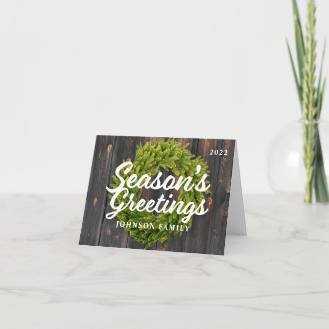 Season's Greetings Country Rustic Pine Wreath Wood Holiday Card (Front)