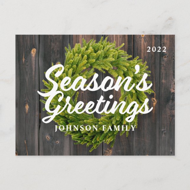 Season's Greetings Country Rustic Pine Wreath Wood Holiday Postcard (Front)