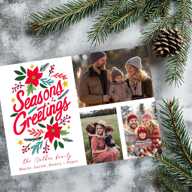 SEASONS GREETINGS CUSTOM 3 PHOTO Grid HOLIDAY  Card (SEASONS GREETINGS Poinsettia Botanicals Hand Drawn CUSTOM Three PHOTO Grid HOLIDAY Christmas Card
)