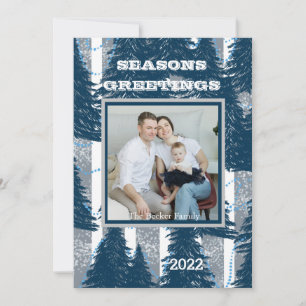 Seasons Greetings Custom Navy Silver Pine Trees  H Holiday Card