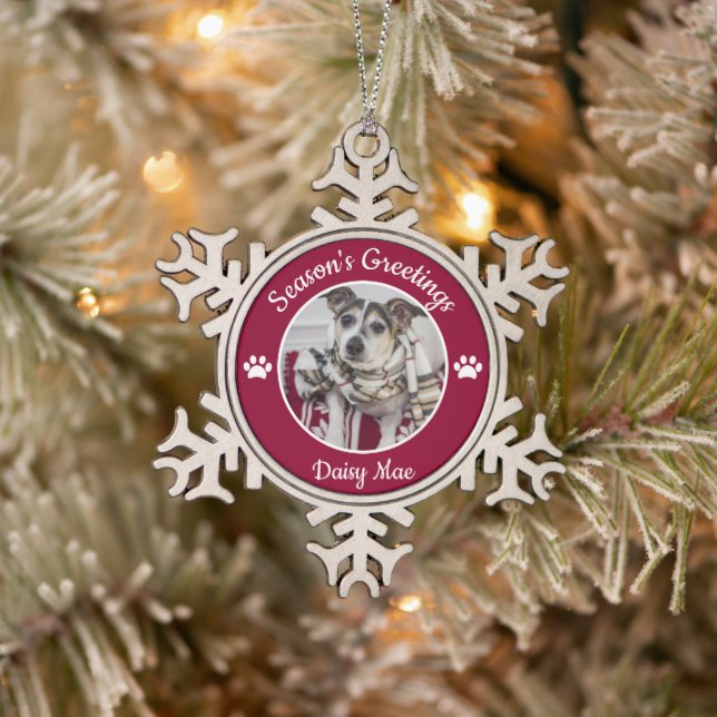 Season's Greetings Cute Dog Photo Name Paw Prints Snowflake Pewter Christmas Ornament (Tree)