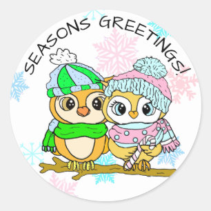 Seasons Greetings Cute Owl Couple Christmas Classic Round Sticker