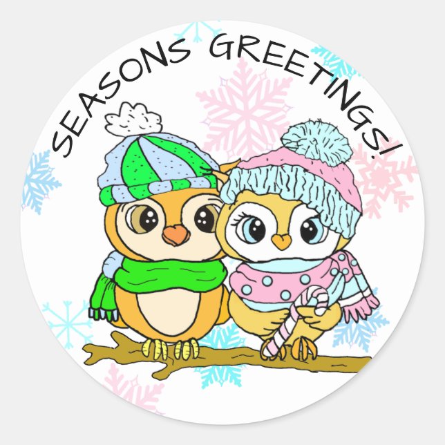 Seasons Greetings Cute Owl Couple Christmas Classic Round Sticker (Front)